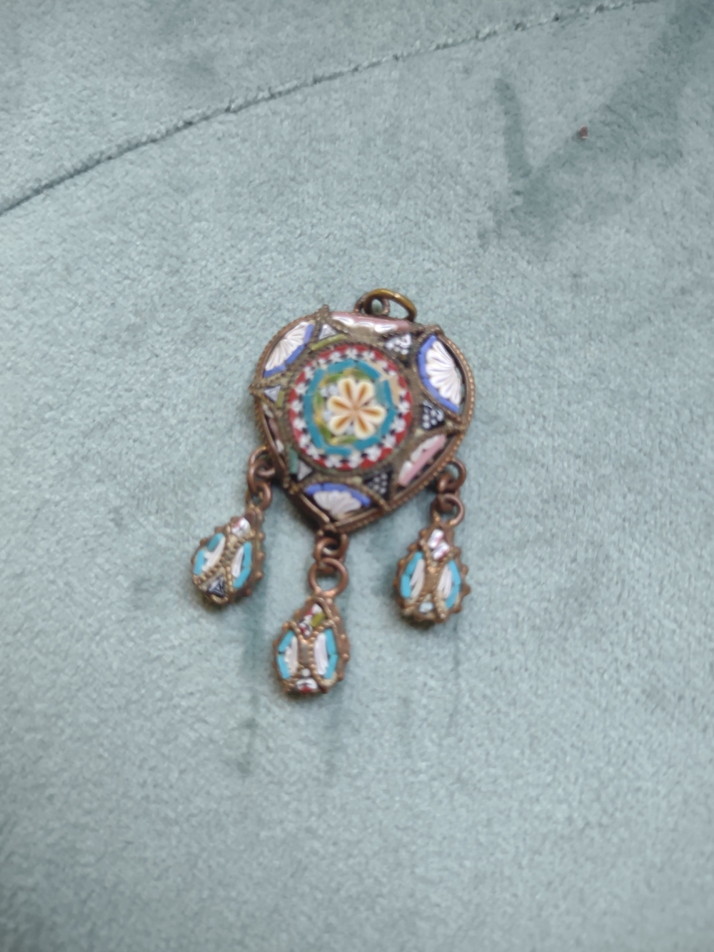 Vintage Micro Mosaic Dangle Pendant in Turquoise, Pastel Pink & White